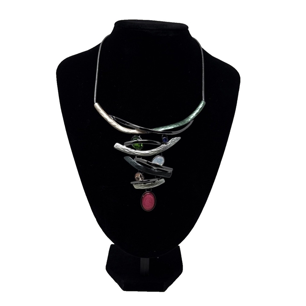 Modernist Statement Necklace Curved Metallic Multicolor